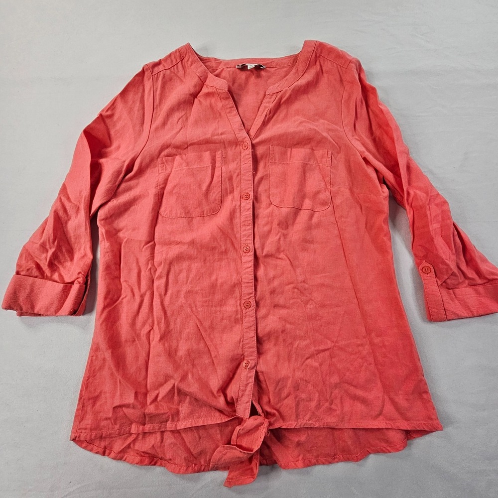 Coral Bay Orange 3/4 Sleeve Linen Rayon Button-Up Shirt Women's M